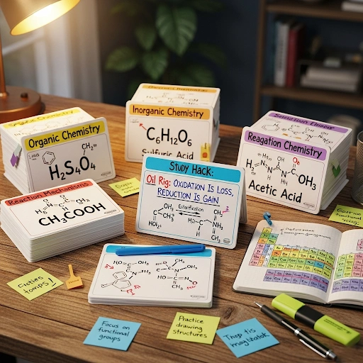 A visual representation of a spaced repetition flashcard system for chemistry formulas, showing organized cards and study hacks chemistry formulas for effective learning.