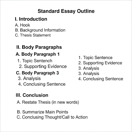 A visual representation of a standard essay outline structure with introduction, body paragraphs, and conclusion sections. A visual representation of a standard essay outline structure with introduction, body paragraphs, and conclusion sections.