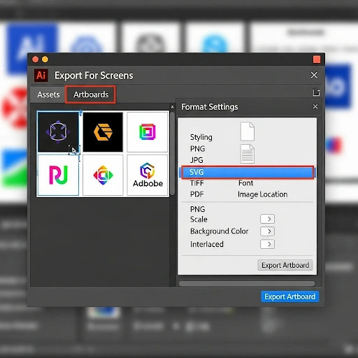 Adobe Illustrator export options window showing various file formats like SVG, PNG, and JPG for logo delivery.