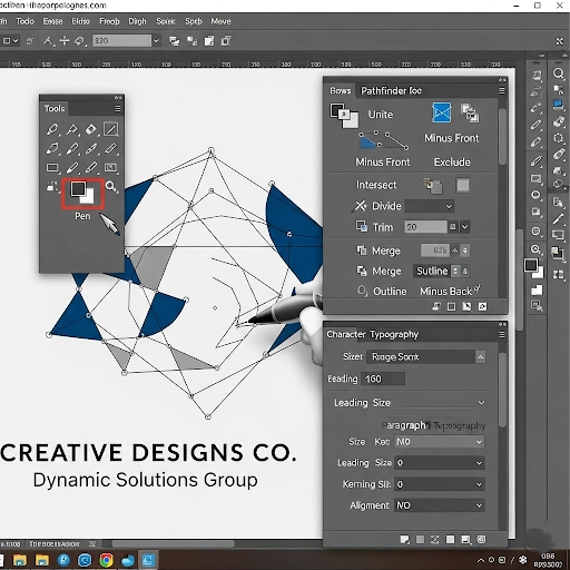 Adobe Illustrator showing Pathfinder panel, Pen tool, and Typography controls for logo creation.