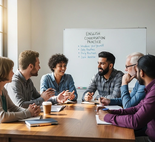 Adults engaged in English conversation practice, showing effective English conversation practice adults in a group setting. Adults engaged in English conversation practice, showing effective English conversation practice adults in a group setting.
