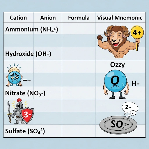 An example of a mnemonic device for memorizing chemistry polyatomic ions, showing visual cues.