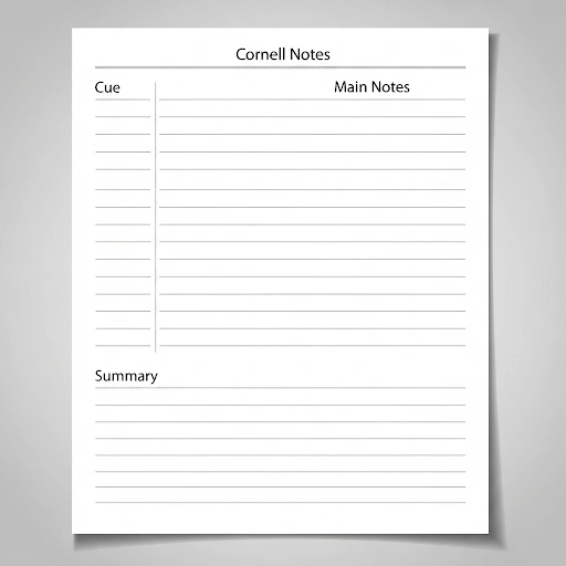 An example of the Cornell note taking method layout, showing main notes, cue column, and summary section for effective review. An example of the Cornell note taking method layout, showing main notes, cue column, and summary section for effective review.