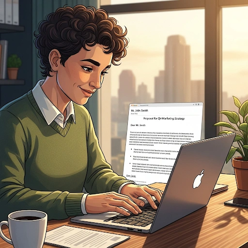 An illustration of a person confidently typing on a laptop, with an email draft on the screen showing correctly formatted business English.