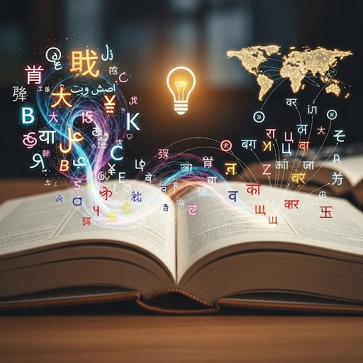 An open book with abstract symbols representing various human languages, signifying language learning.