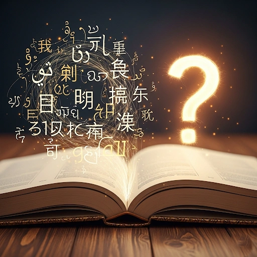 Open book with abstract symbols representing various human languages.