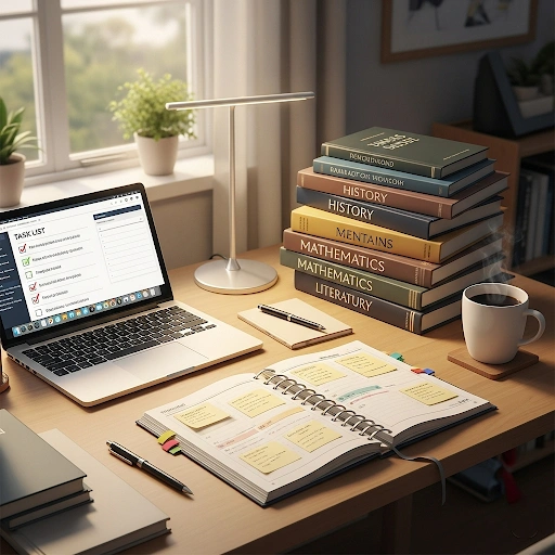 An organized student desk with a planner, textbooks, and a laptop open to a task list, symbolizing increased productivity and effective time management students can achieve through proper planning.
