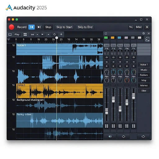 Audacity 2025 interface showing audio waveform, recording controls, and a mixer for voiceover recording. Audacity 2025 interface showing audio waveform, recording controls, and a mixer for voiceover recording.