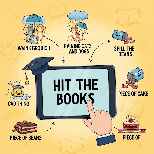 Cartoon of 'hit the books' on a tablet, showing how to master English idioms visual memory.