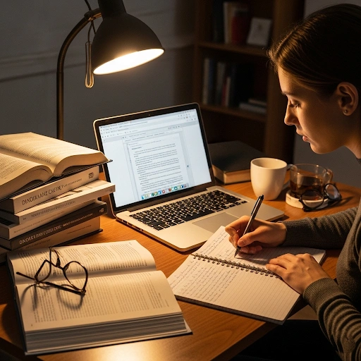 College student diligently working on an essay at a desk with books and a laptop, highlighting focused essay writing.