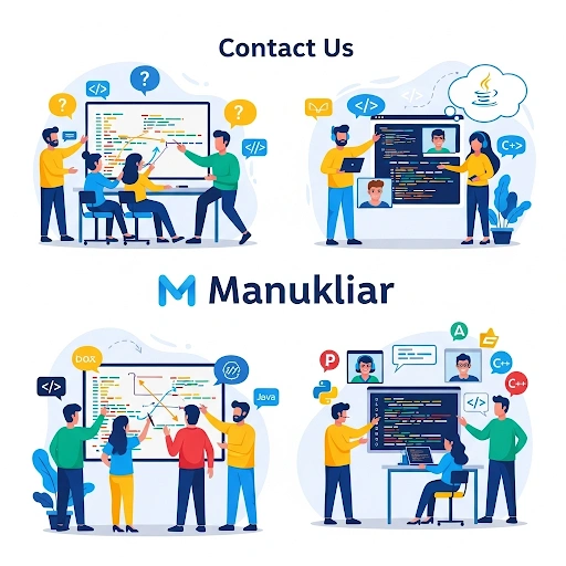 Contact Us Manukliar support hub illustration showing learners and developers reaching out for guidance on languages and coding. Contact Us Manukliar support hub illustration showing learners and developers reaching out for guidance on languages and coding.