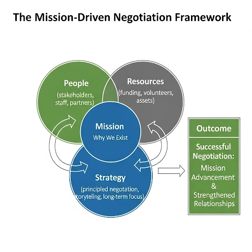 Diagram explaining mission driven negotiation techniques for non profit professionals, focusing on aligning mission, people, and resources.