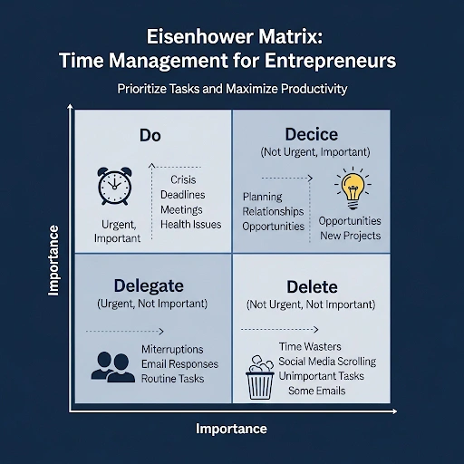 Diagram of the Eisenhower Matrix, a powerful time management hack for busy entrepreneurs to prioritize tasks.