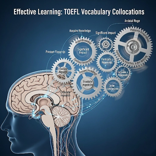 Diagram of the brain connecting to gears, symbolizing the effective learning process for building fluency with TOEFL vocabulary collocations.