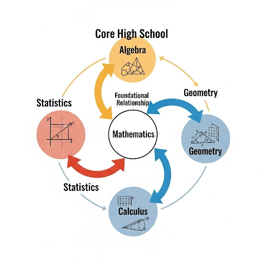 Diagram showing interconnected math concepts Algebra, Geometry, Calculus, and Statistics, highlighting their foundational relationships for high school learning.