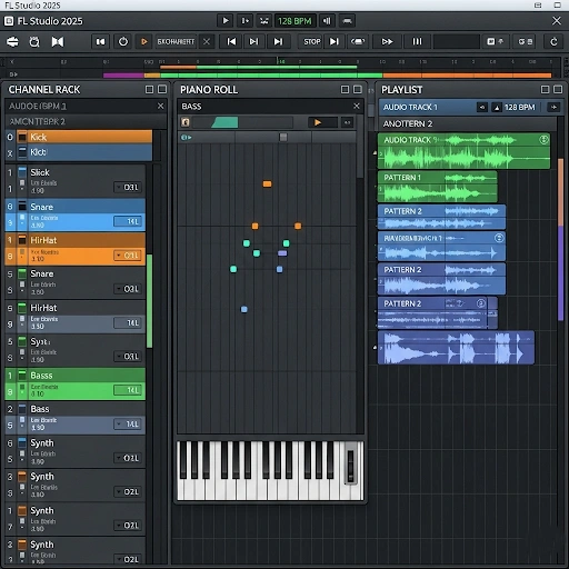 FL Studio 2025 interface showing Channel Rack, Piano Roll, and Playlist for music production beginners FL Studio 2025 interface showing Channel Rack, Piano Roll, and Playlist for music production beginners