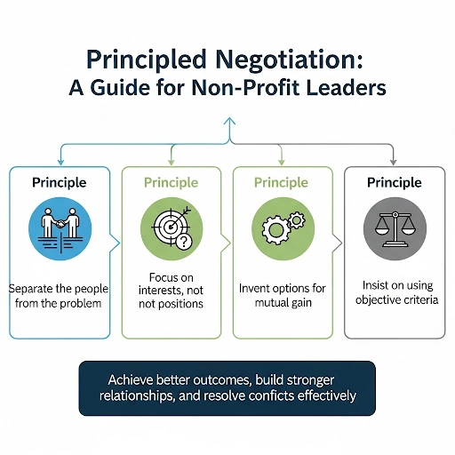 Flowchart showing the four core principles of principled negotiation, a key skill for non profit leaders to learn.