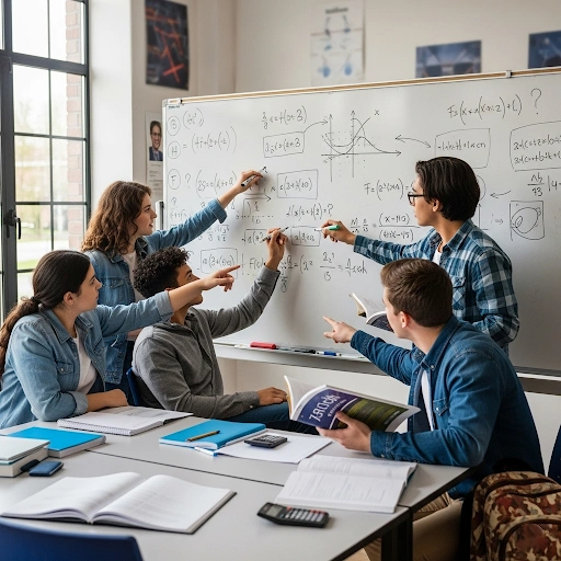High school students collaborating on a math problem using a whiteboard, illustrating effective math study habits.