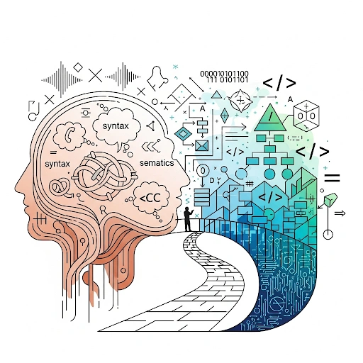 Illustration representing the journey from human languages to coding concepts, with abstract symbols for linguistics and programming. Illustration representing the journey from human languages to coding concepts, with abstract symbols for linguistics and programming.