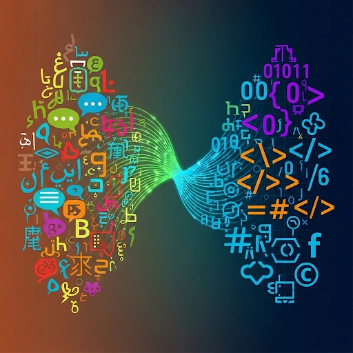 Illustration representing the journey from human languages to coding concepts, with abstract symbols for linguistics and programming.
