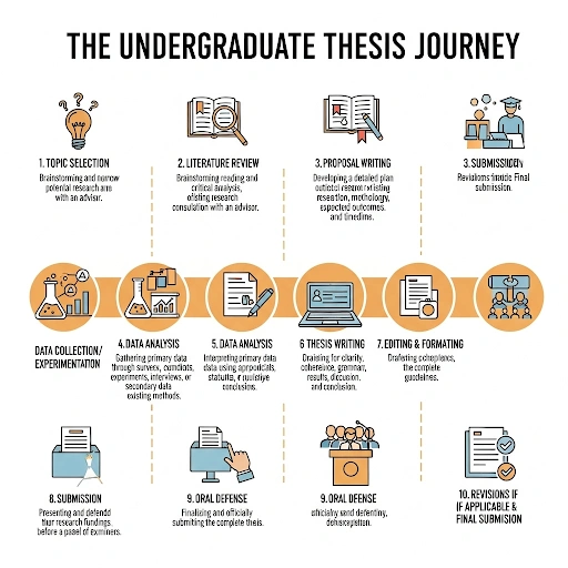 Infographic illustrating the typical stages of an undergraduate thesis writing process, from topic selection to final defense. Infographic illustrating the typical stages of an undergraduate thesis writing process, from topic selection to final defense.