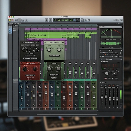Organized FL Studio Mixer window displaying various audio tracks, effects plugins, and volume levels, illustrating an efficient music production workflow project. Organized FL Studio Mixer window displaying various audio tracks, effects plugins, and volume levels, illustrating an efficient music production workflow project.