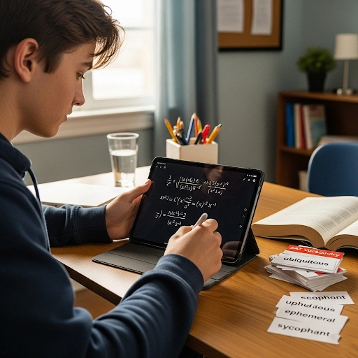 Sarah, a high school student, confidently solving a complex algebraic equation on a tablet, using SAT vocabulary flashcards to enhance learning and problem solving skills.