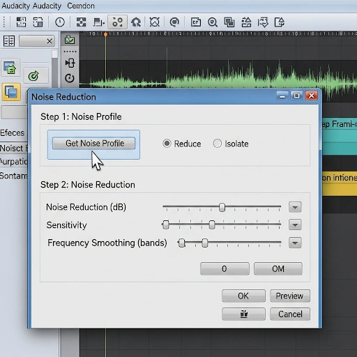 Screenshot of Audacity's Noise Reduction effect window, showing 'Get Noise Profile' and 'Noise Reduction' settings for voice editing. Screenshot of Audacity's Noise Reduction effect window, showing 'Get Noise Profile' and 'Noise Reduction' settings for voice editing.