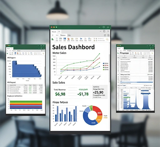 Various data analysis projects in Excel, showing dashboards and reports for sales, HR, and finance data, demonstrating practical Excel data analysis examples. Various data analysis projects in Excel, showing dashboards and reports for sales, HR, and finance data, demonstrating practical Excel data analysis examples.