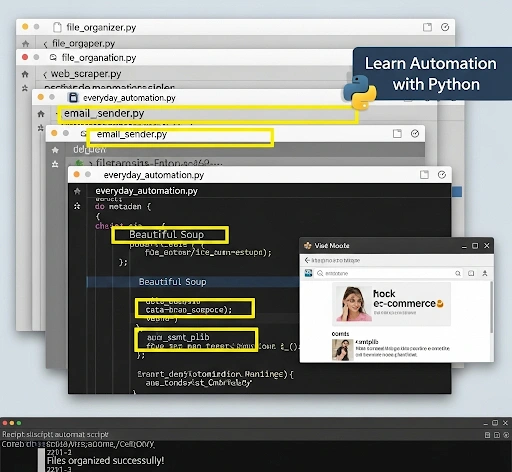 A screenshot of a Python IDE showing various automation scripts for everyday tasks, with highlighted code snippets for file management, web scraping, and email automation, demonstrating how to learn automation
