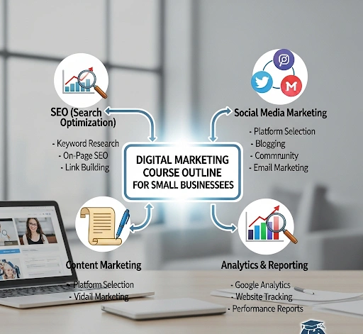 A conceptual image of a digital marketing course outline for small businesses, showing modules like SEO, Social Media, Content, and Analytics, highlighting the digital marketing course outline small businesses A conceptual image of a digital marketing course outline for small businesses, showing modules like SEO, Social Media, Content, and Analytics, highlighting the digital marketing course outline small businesses