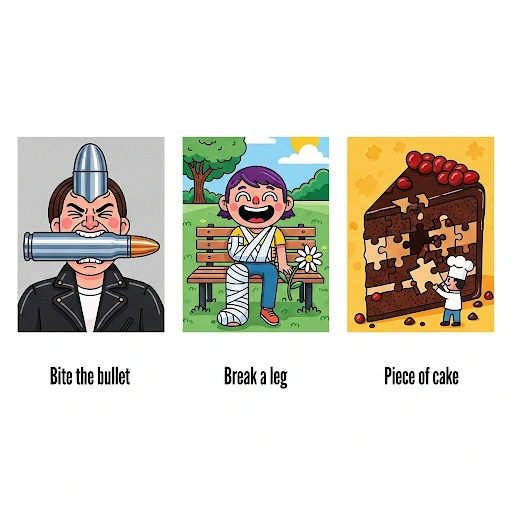 A set of three stylized illustrations side by side, each depicting the literal meaning of an idiom. a person biting a bullet, a broken leg, and a giant piece of cake being solved like a puzzle. These are examp