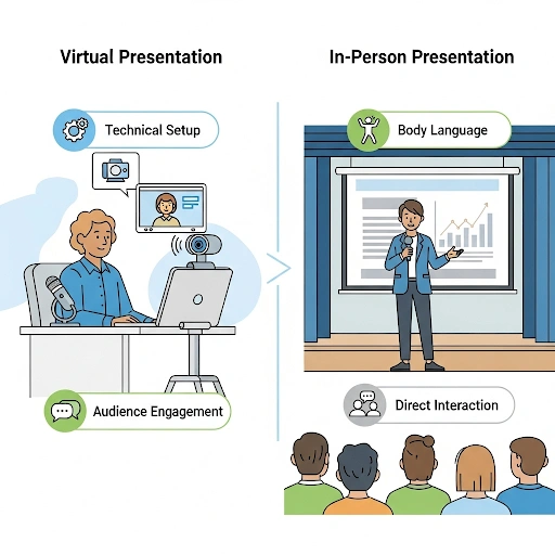 A two-part diagram comparing virtual and in person presentations. The virtual side shows a person at a desk with a webcam, while the in person side shows a person on a stage with a microphone. The graphic high A two-part diagram comparing virtual and in person presentations. The virtual side shows a person at a desk with a webcam, while the in person side shows a person on a stage with a microphone. The graphic high