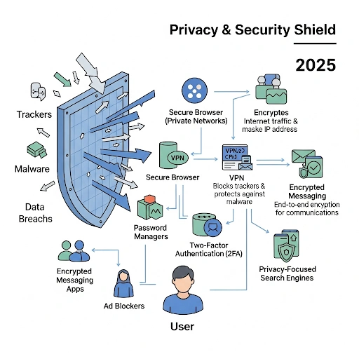 A comprehensive diagram illustrating a user’s online privacy and security ecosystem in 2025, showing how various tools like VPNs, secure browsers, and encrypted messaging apps work together to block trackers. A comprehensive diagram illustrating a user’s online privacy and security ecosystem in 2025, showing how various tools like VPNs, secure browsers, and encrypted messaging apps work together to block trackers.