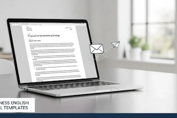A clean and modern thumbnail showing a laptop with an email draft on screen, symbolizing professional communication and the use of business English email templates for non native speakers.