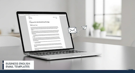 A clean and modern thumbnail showing a laptop with an email draft on screen, symbolizing professional communication and the use of business English email templates for non native speakers.