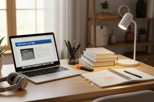 A clean and organized home study environment for online learning, featuring a laptop with online lecture notes, a notebook with annotations, and study tools arranged neatly to minimize distractions.
