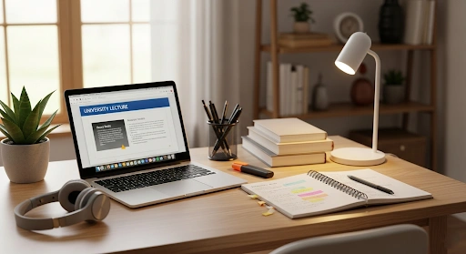 A clean and organized home study environment for online learning, featuring a laptop with online lecture notes, a notebook with annotations, and study tools arranged neatly to minimize distractions.