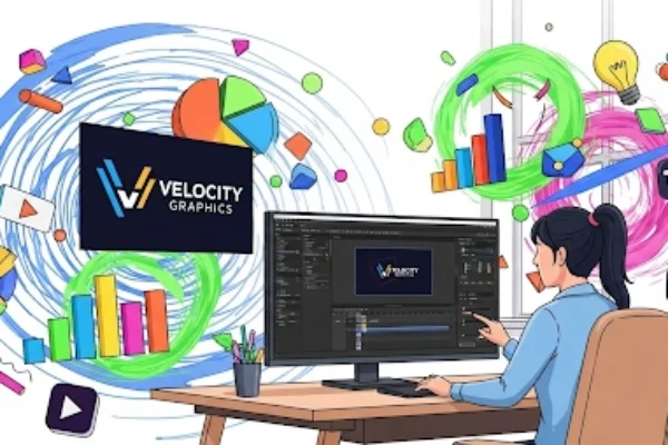A digital illustration of a small business owner creating motion graphics in Adobe After Effects, surrounded by vibrant animated elements like logos, charts, and icons in a modern workspace