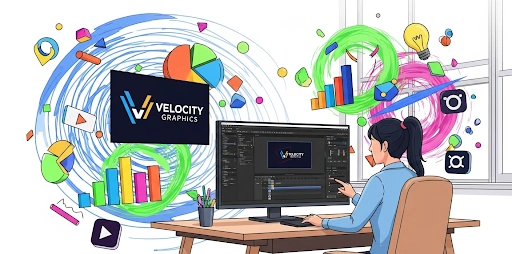 A digital illustration of a small business owner creating motion graphics in Adobe After Effects, surrounded by vibrant animated elements like logos, charts, and icons in a modern workspace