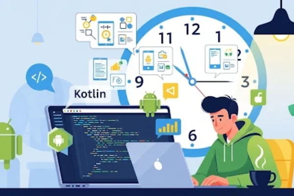 A modern illustration of an entrepreneur working on a laptop with Kotlin code, Android icons, and a clock in the background to represent time management hacks in app development.