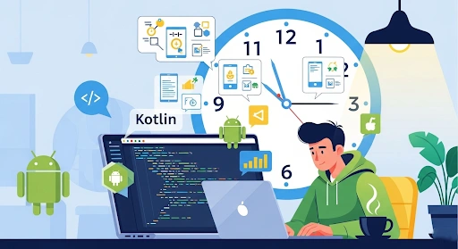 A modern illustration of an entrepreneur working on a laptop with Kotlin code, Android icons, and a clock in the background to represent time management hacks in app development.