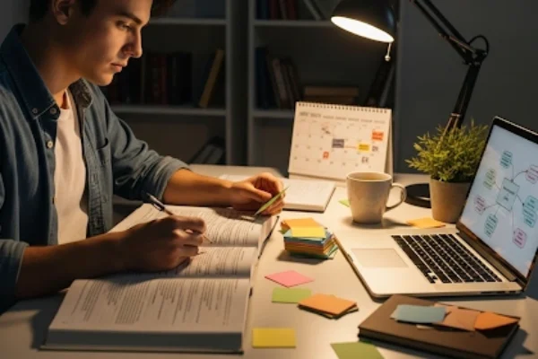 A motivated student at a study desk, using books, flashcards, and a laptop to apply study hacks students and memory techniques for better learning and exam preparation.