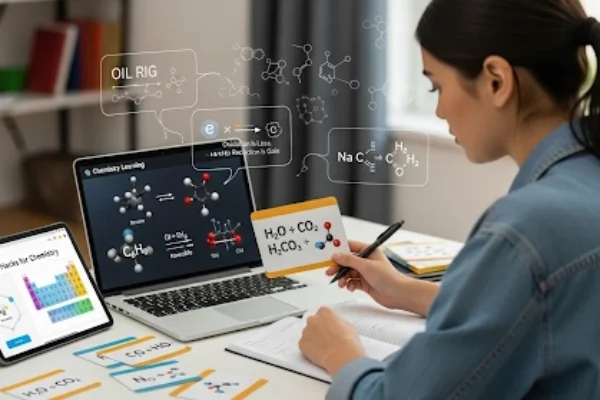 A student learning chemistry formulas using flashcards and digital tools, with visual cues of molecules and reactions, representing study hacks chemistry formulas for easier memorization.