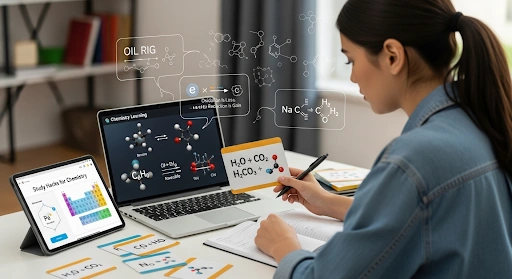 A student learning chemistry formulas using flashcards and digital tools, with visual cues of molecules and reactions, representing study hacks chemistry formulas for easier memorization.