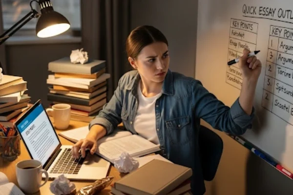 A student under pressure at a desk with papers and laptop, using a quick essay outline on a whiteboard to organize ideas and plan an essay efficiently.