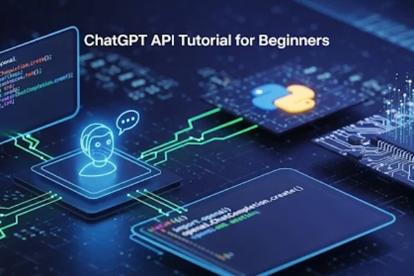 AI chatbot connected to code and circuits, representing a ChatGPT API tutorial for beginners. The design highlights conversational AI, Python coding, and modern technology in a sleek digital style.