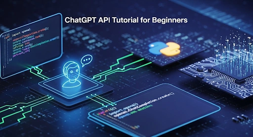 AI chatbot connected to code and circuits, representing a ChatGPT API tutorial for beginners. The design highlights conversational AI, Python coding, and modern technology in a sleek digital style.