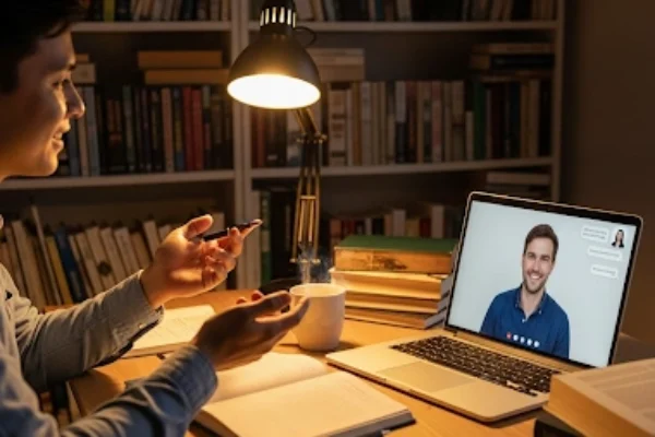 An adult practicing English conversation online with a native speaker, surrounded by books and coffee, symbolizing confidence and language learning in a cozy study setting.