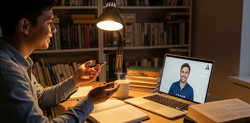 An adult practicing English conversation online with a native speaker, surrounded by books and coffee, symbolizing confidence and language learning in a cozy study setting.